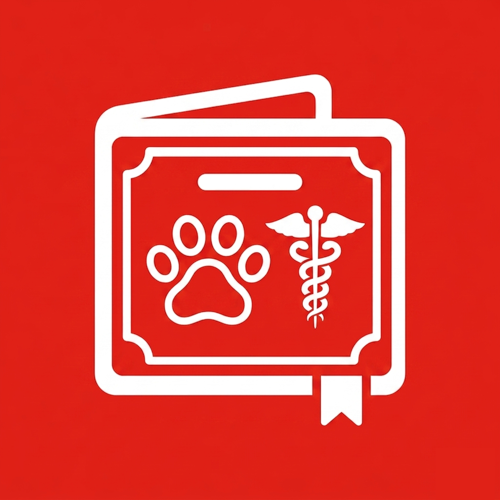 A red and white icon showing a certificate with a paw print and medical symbol.