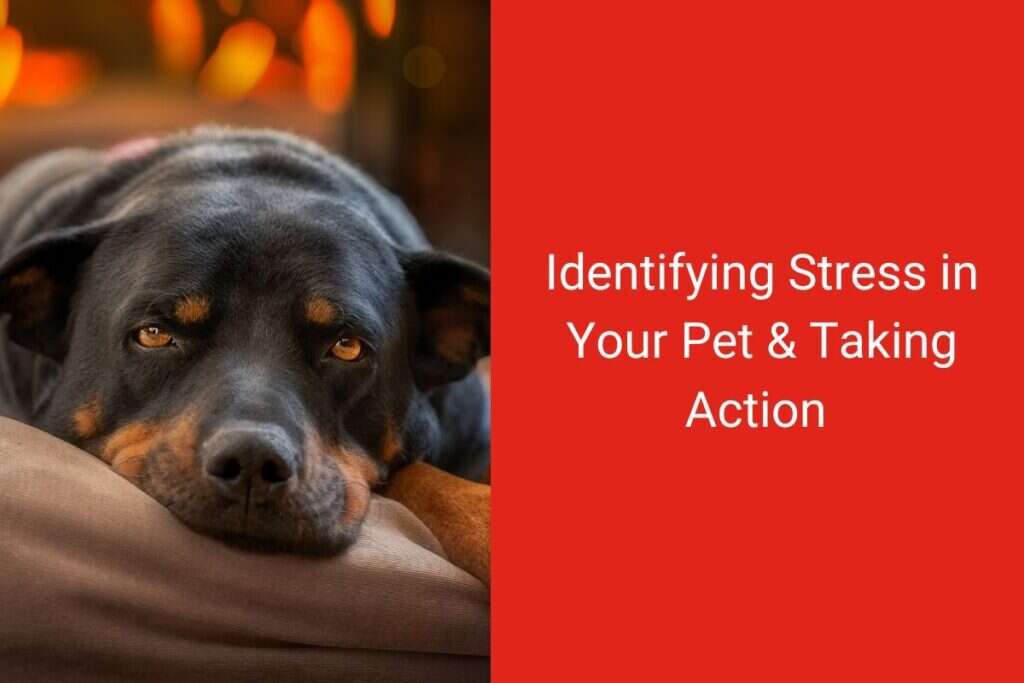 A relaxed dog resting its head on a cushion, with text about identifying pet stress.