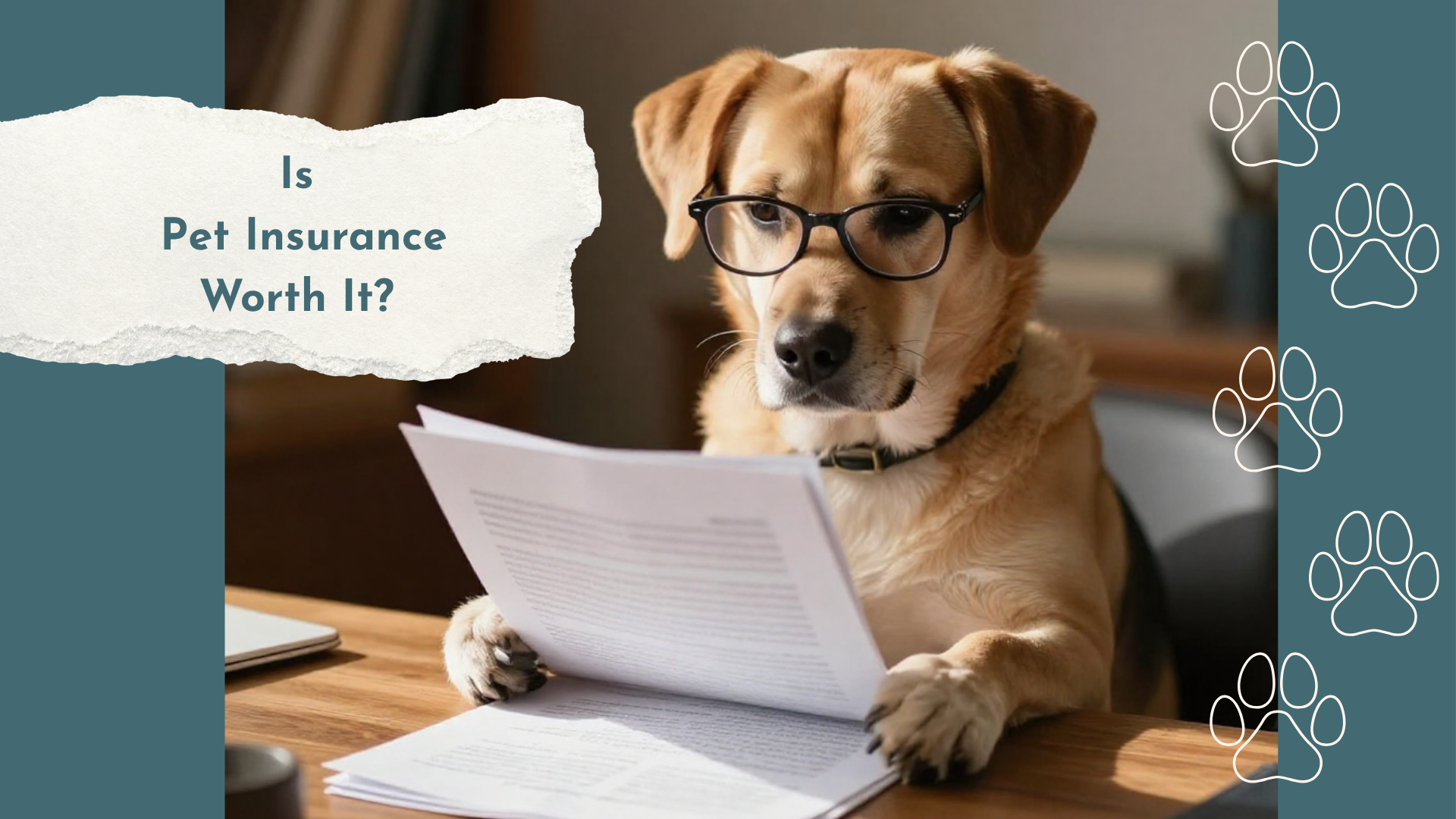 Dog wearing glasses sitting at a desk, reading documents, with text asking if pet insurance is worth it.