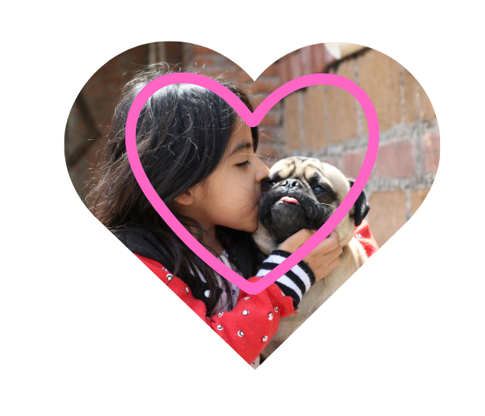 Girl kissing a pug framed in a heart shape.